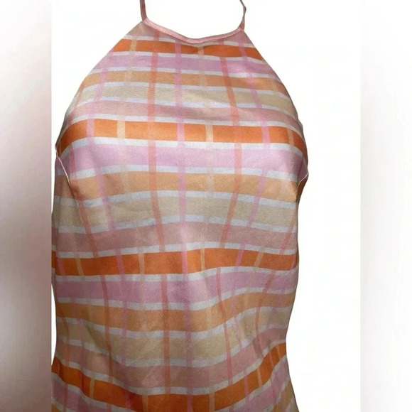 Nia Halter Mini Dress NWOT Satin Look Plaid Orange Pink Size S Sample - Picture 4 of 5